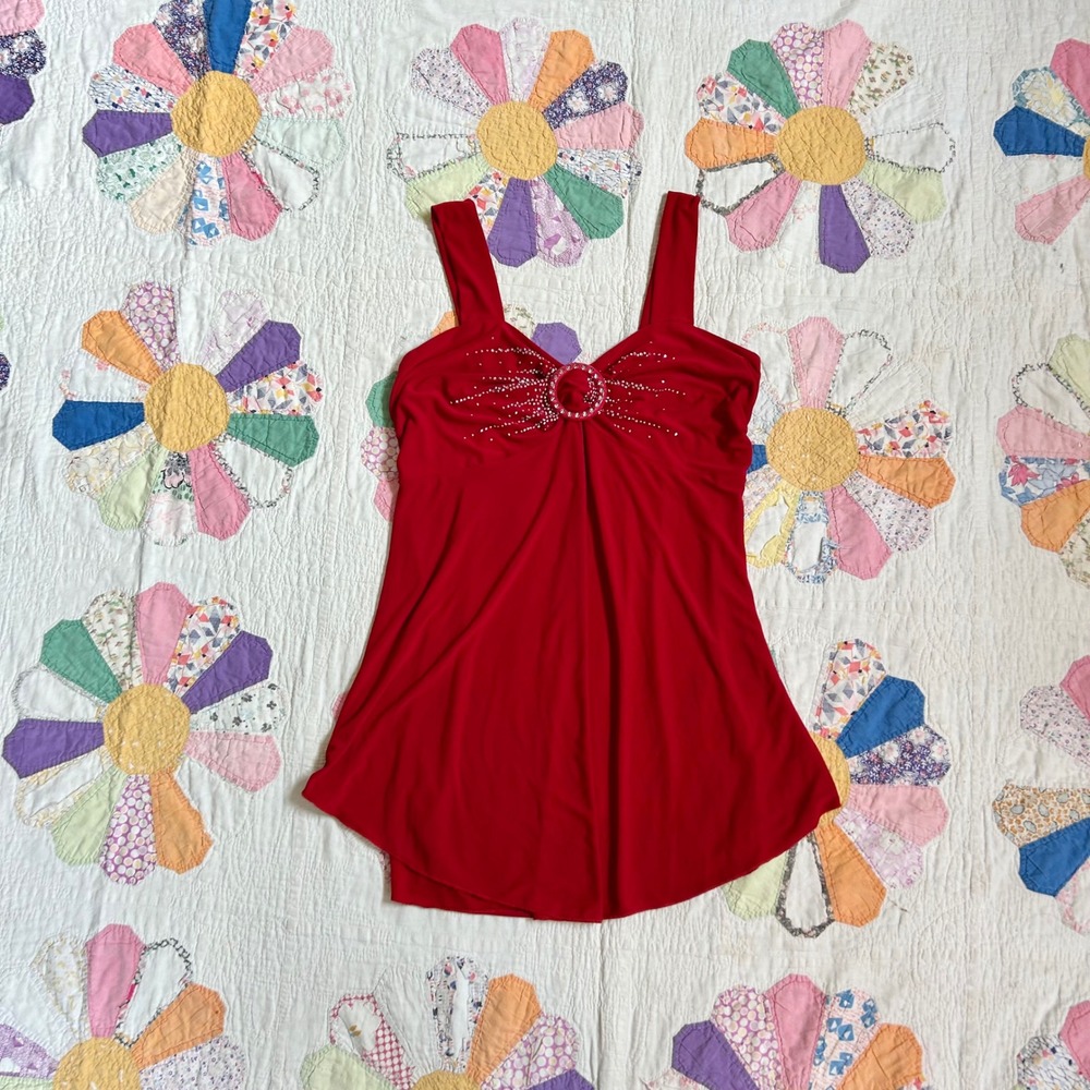 Vintage 2000s Red Rhinestone Embellished babydoll style Tank Top